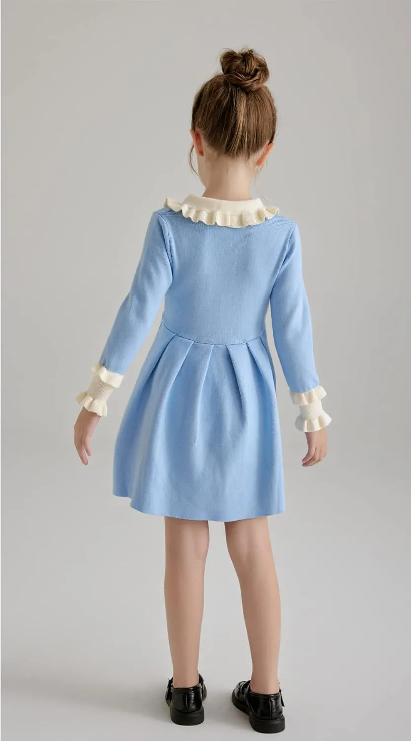 SMILING PINKER Girls Dresses Ruffle Peter Pan Collar Sweater Long Sleeve Knit Pleated Dress