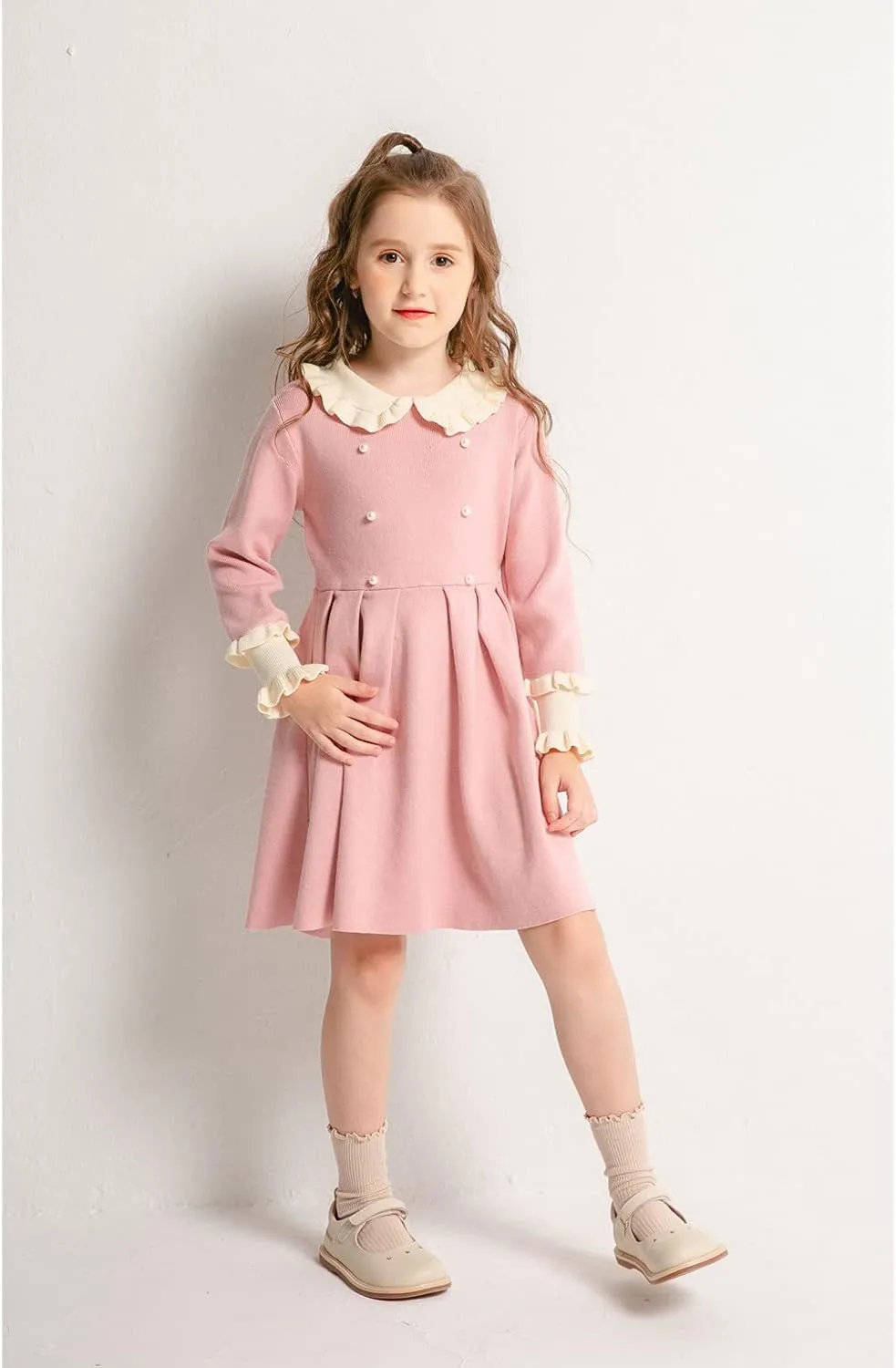SMILING PINKER Girls Dresses Ruffle Peter Pan Collar Sweater Long Sleeve Knit Pleated Dress
