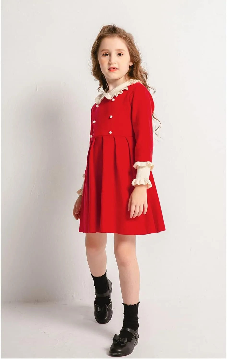 SMILING PINKER Girls Dresses Ruffle Peter Pan Collar Sweater Long Sleeve Knit Pleated Dress