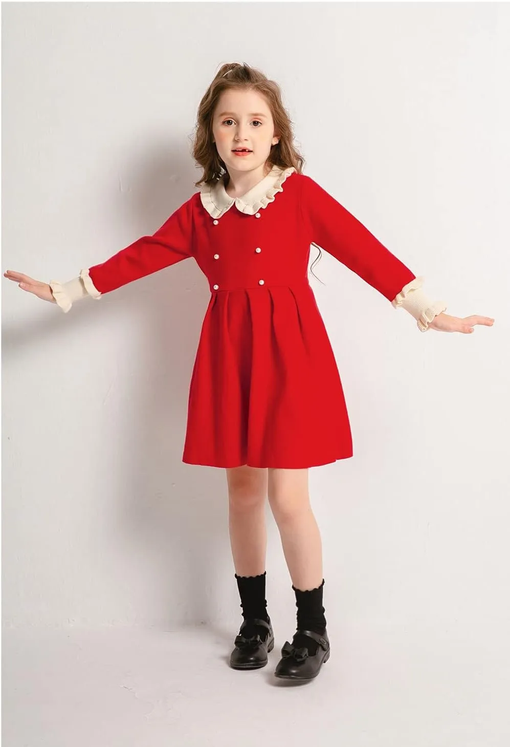 SMILING PINKER Girls Dresses Ruffle Peter Pan Collar Sweater Long Sleeve Knit Pleated Dress