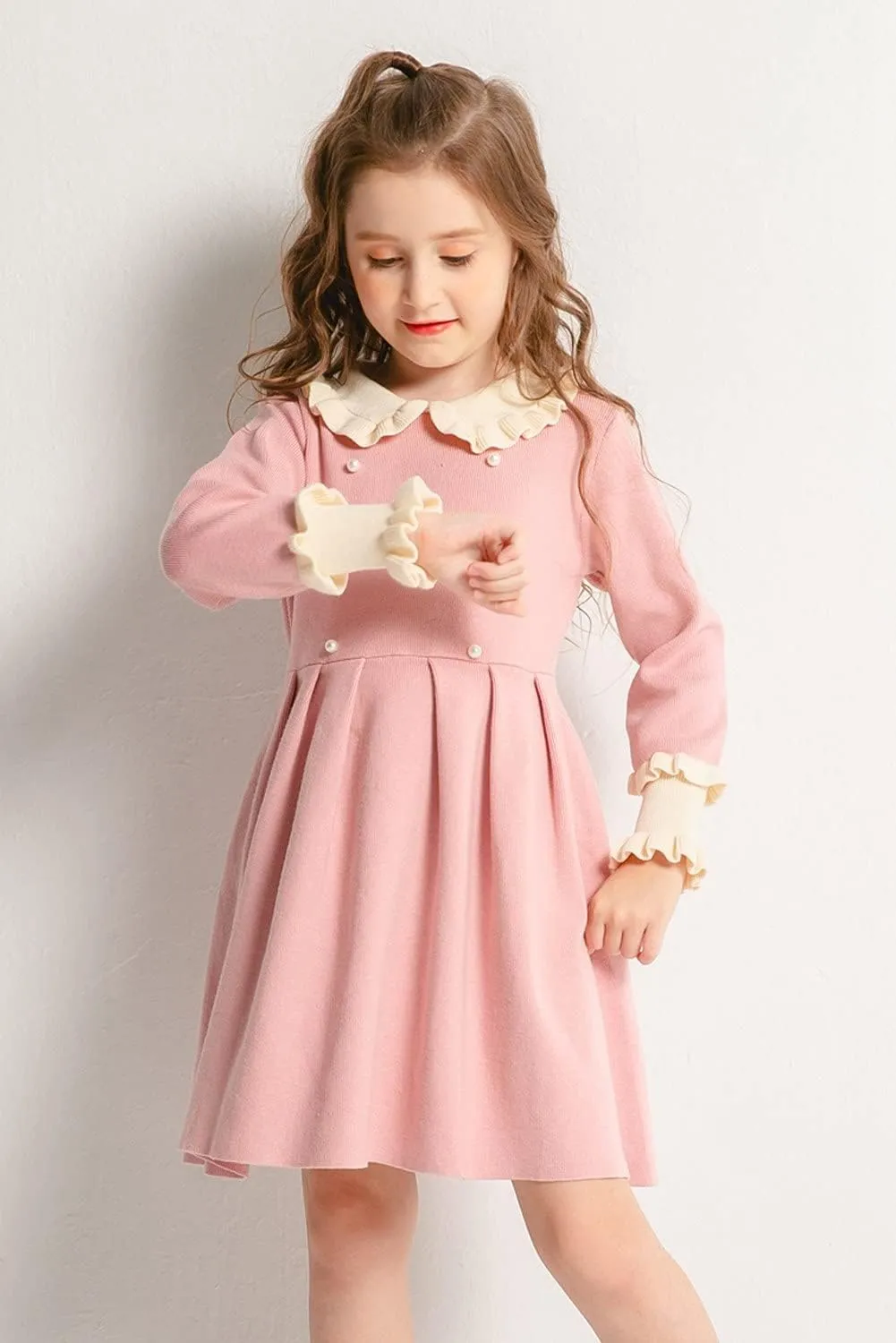 SMILING PINKER Girls Dresses Ruffle Peter Pan Collar Sweater Long Sleeve Knit Pleated Dress