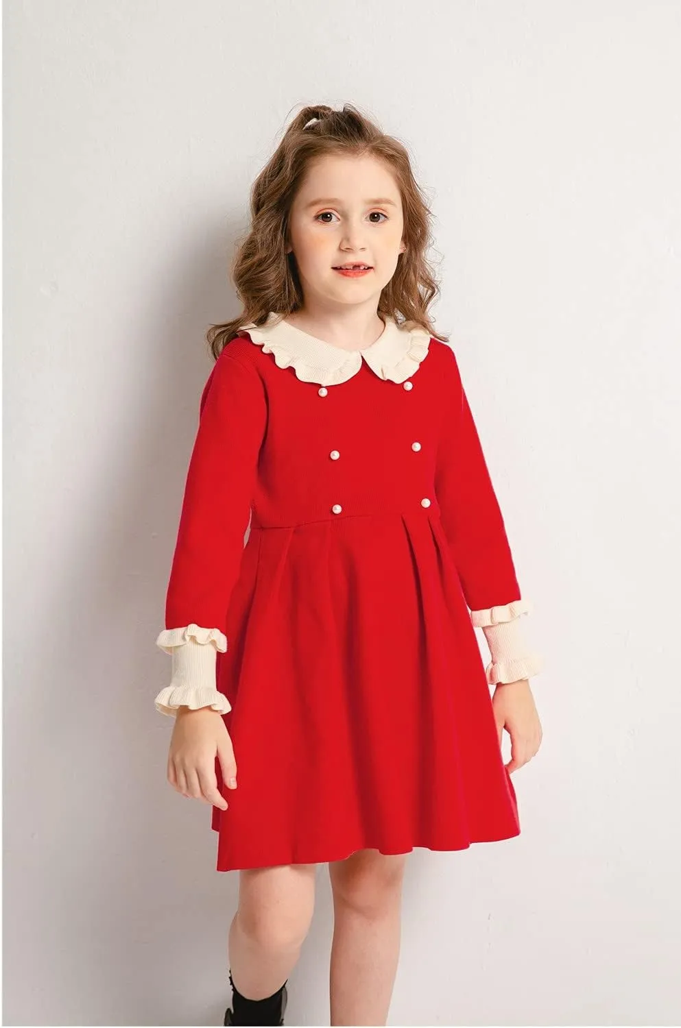 SMILING PINKER Girls Dresses Ruffle Peter Pan Collar Sweater Long Sleeve Knit Pleated Dress