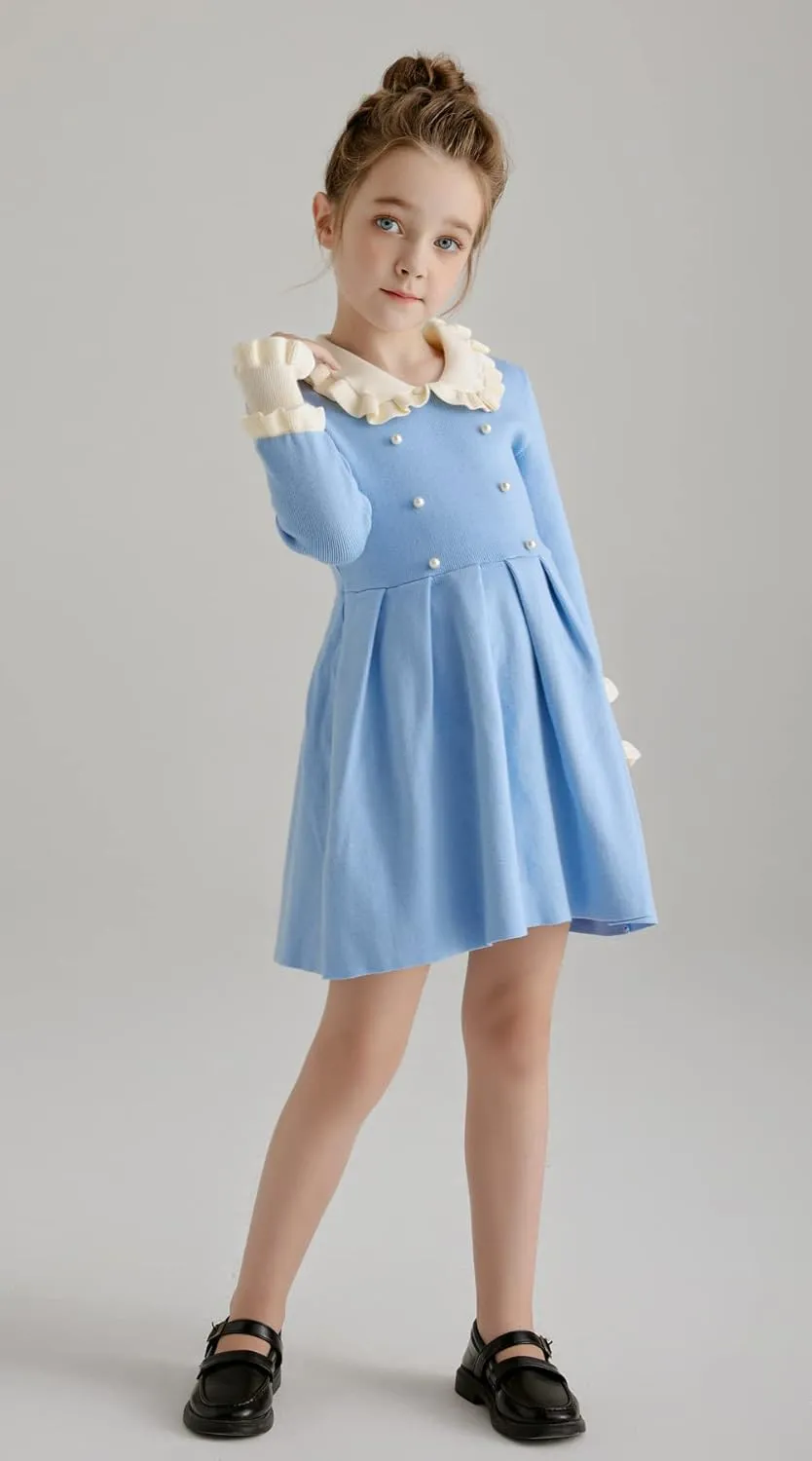 SMILING PINKER Girls Dresses Ruffle Peter Pan Collar Sweater Long Sleeve Knit Pleated Dress