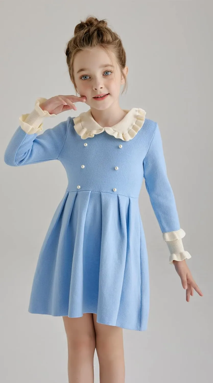 SMILING PINKER Girls Dresses Ruffle Peter Pan Collar Sweater Long Sleeve Knit Pleated Dress