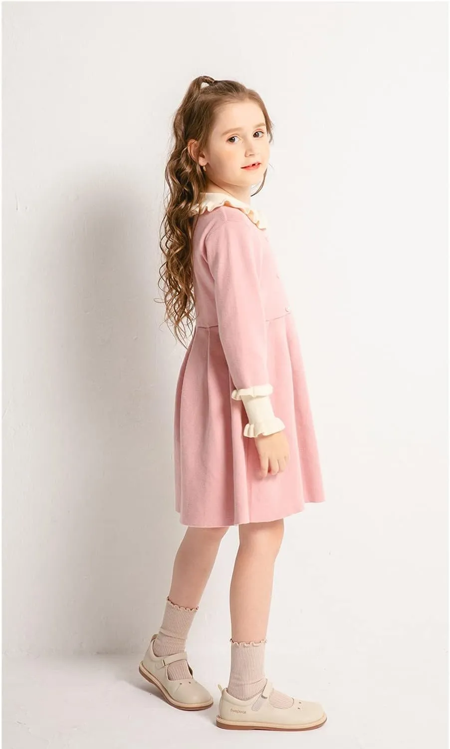 SMILING PINKER Girls Dresses Ruffle Peter Pan Collar Sweater Long Sleeve Knit Pleated Dress