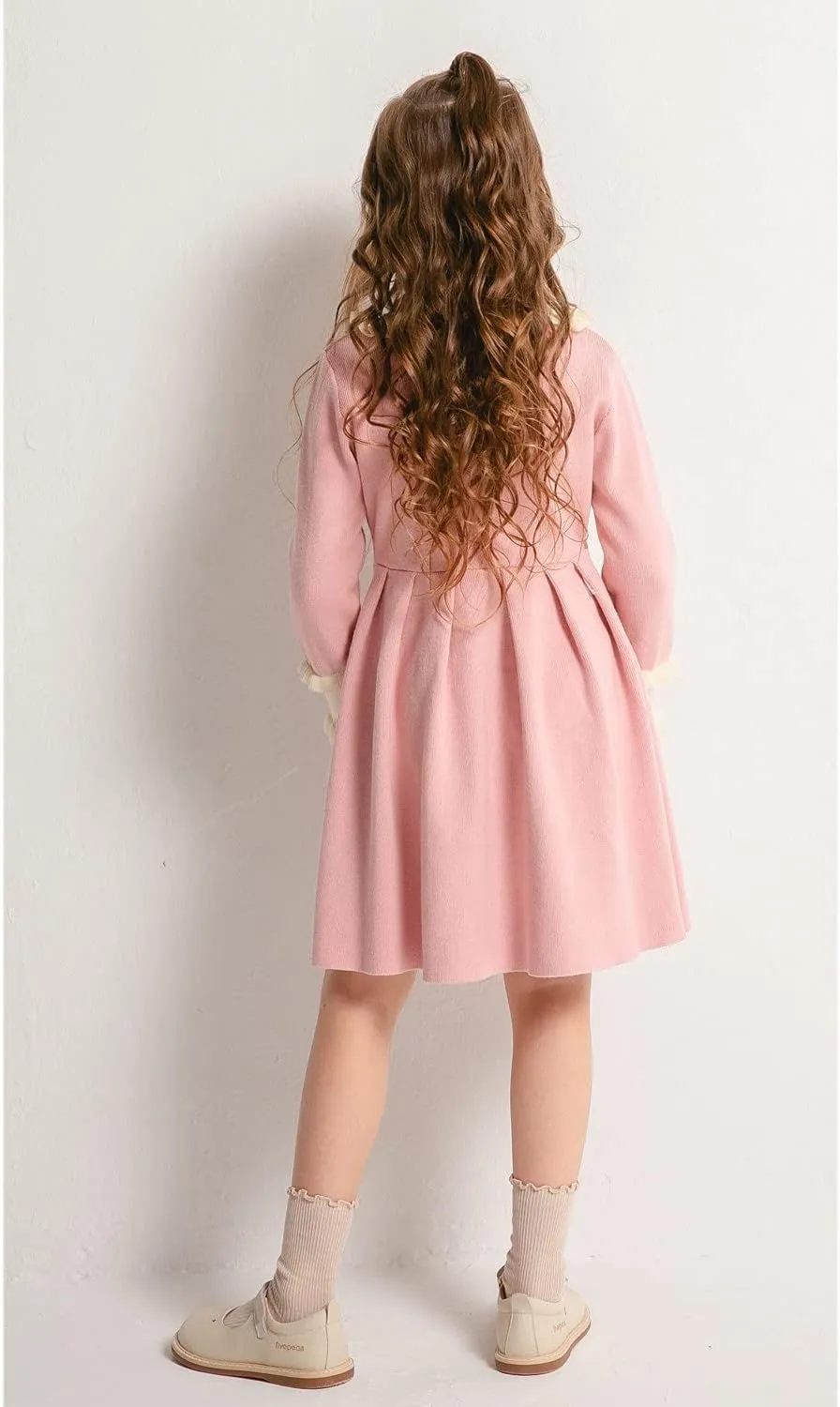 SMILING PINKER Girls Dresses Ruffle Peter Pan Collar Sweater Long Sleeve Knit Pleated Dress