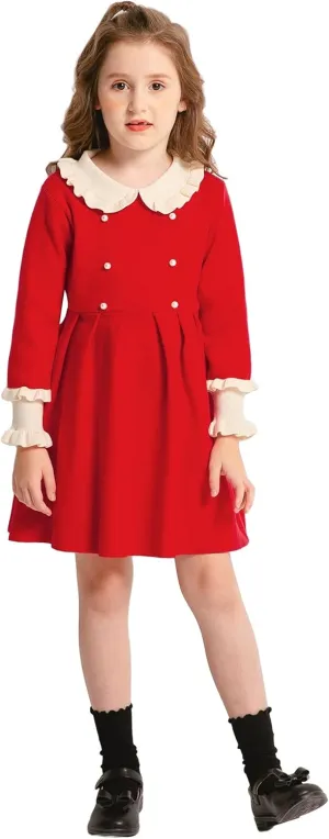 SMILING PINKER Girls Dresses Ruffle Peter Pan Collar Sweater Long Sleeve Knit Pleated Dress