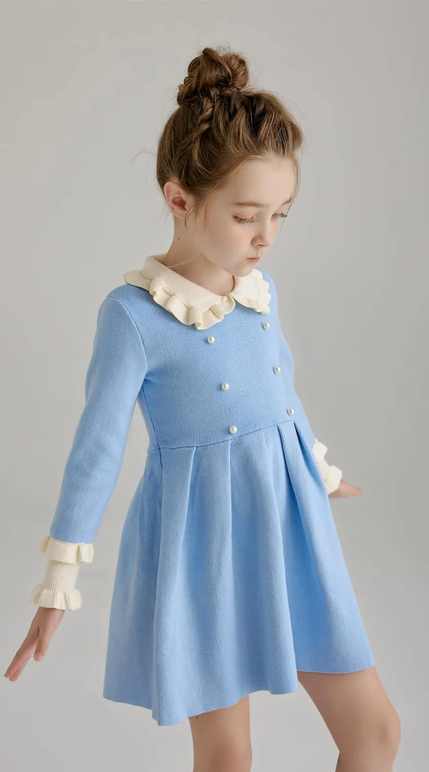SMILING PINKER Girls Dresses Ruffle Peter Pan Collar Sweater Long Sleeve Knit Pleated Dress