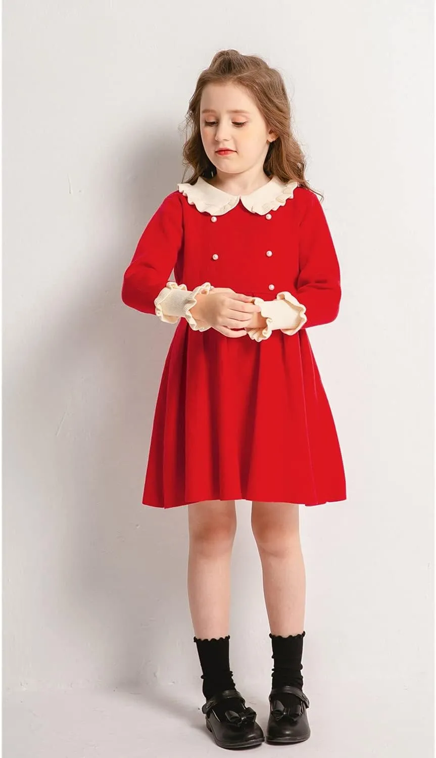 SMILING PINKER Girls Dresses Ruffle Peter Pan Collar Sweater Long Sleeve Knit Pleated Dress