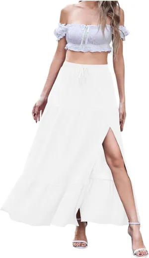 Spring Maxi Skirts for Women Trendy High Waisted Side Slit Pleated Skirt Casual Stretch Flowy Swing A Line Long Skirt