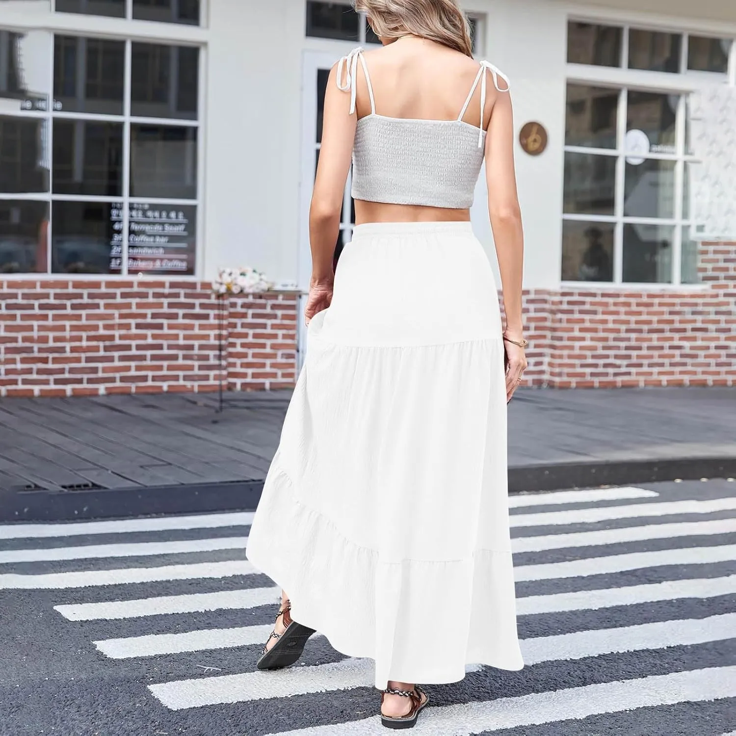 Spring Maxi Skirts for Women Trendy High Waisted Side Slit Pleated Skirt Casual Stretch Flowy Swing A Line Long Skirt