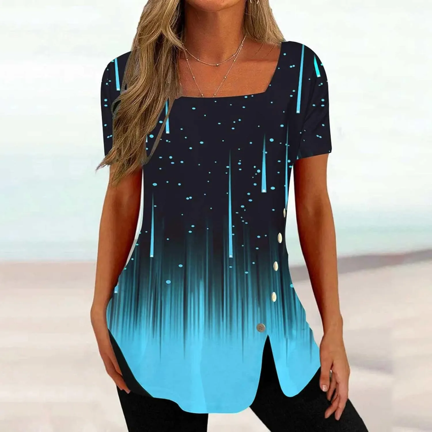 Square Neck Tops for Womens Dressy Tunic Tshirts Retro Floral Graphic Tees Summer Fashion Ladies Short Sleeve Blouse