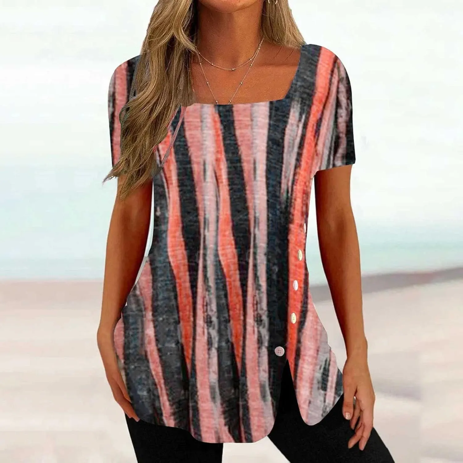 Square Neck Tops for Womens Dressy Tunic Tshirts Retro Floral Graphic Tees Summer Fashion Ladies Short Sleeve Blouse