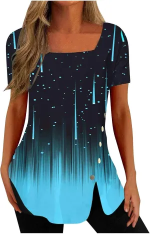 Square Neck Tops for Womens Dressy Tunic Tshirts Retro Floral Graphic Tees Summer Fashion Ladies Short Sleeve Blouse