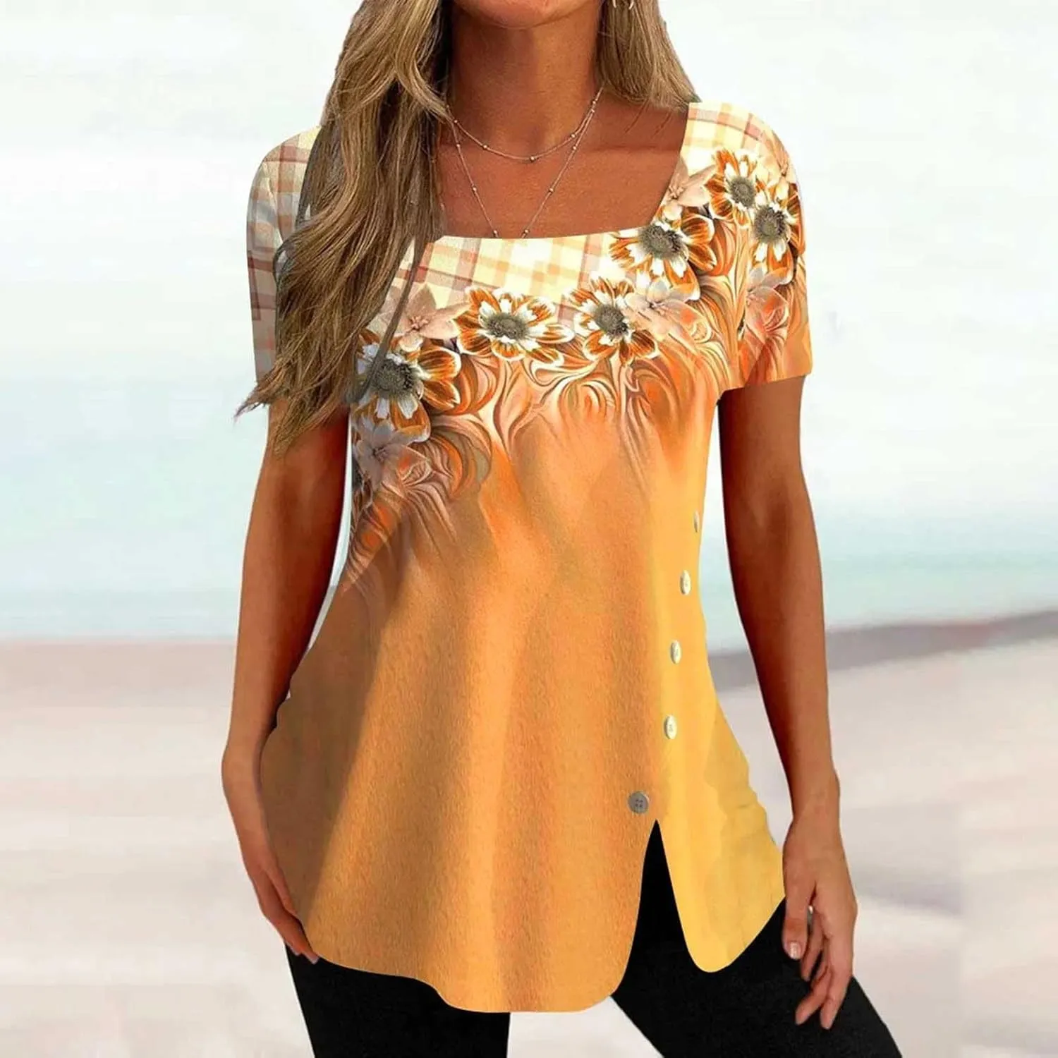 Square Neck Tops for Womens Dressy Tunic Tshirts Retro Floral Graphic Tees Summer Fashion Ladies Short Sleeve Blouse