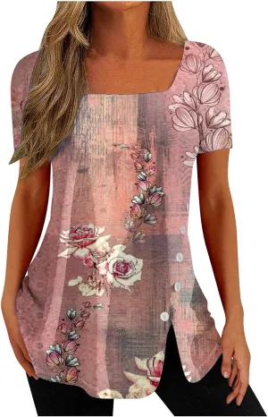 Square Neck Tops for Womens Dressy Tunic Tshirts Retro Floral Graphic Tees Summer Fashion Ladies Short Sleeve Blouse