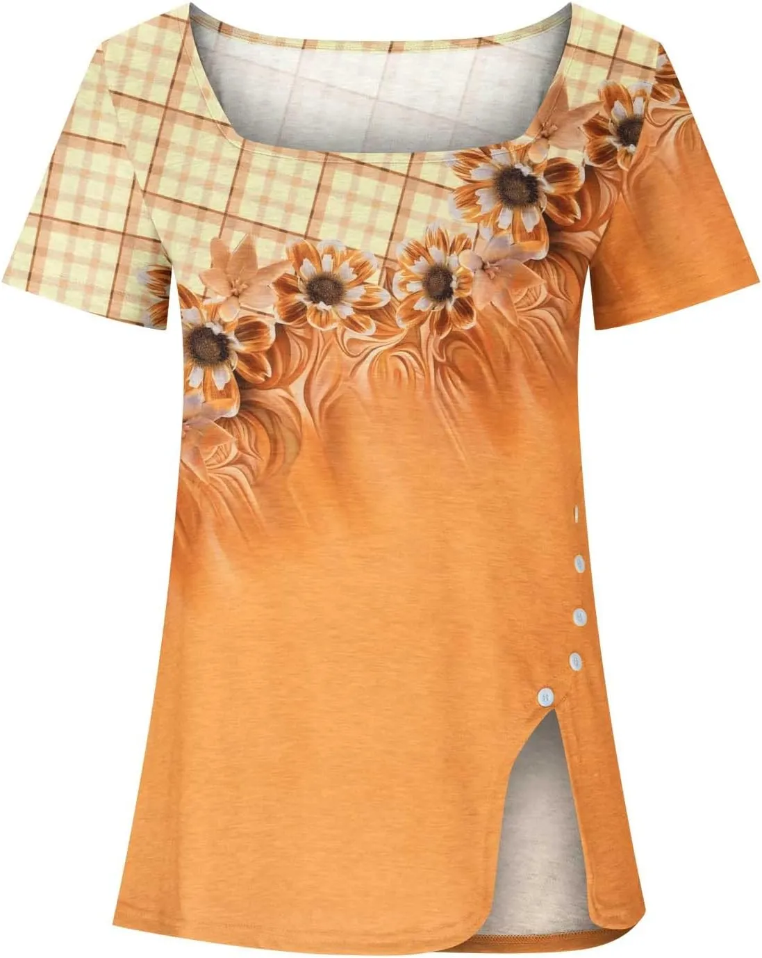 Square Neck Tops for Womens Dressy Tunic Tshirts Retro Floral Graphic Tees Summer Fashion Ladies Short Sleeve Blouse