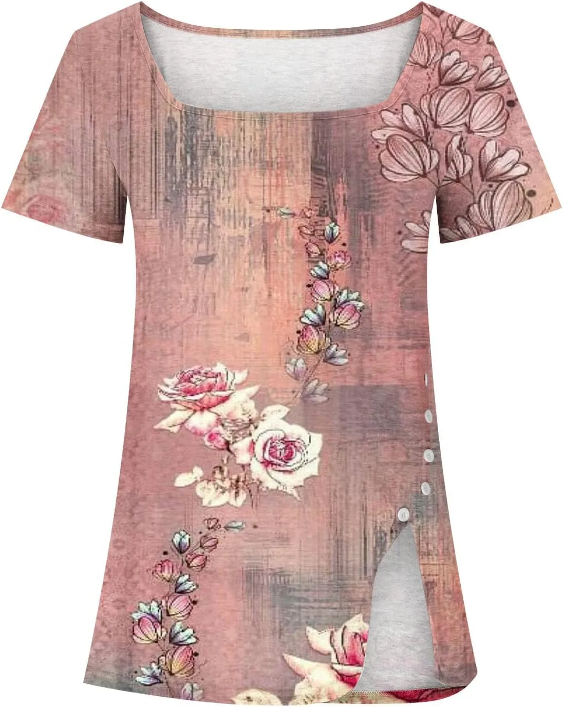 Square Neck Tops for Womens Dressy Tunic Tshirts Retro Floral Graphic Tees Summer Fashion Ladies Short Sleeve Blouse