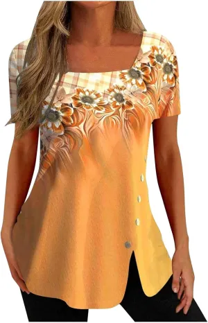 Square Neck Tops for Womens Dressy Tunic Tshirts Retro Floral Graphic Tees Summer Fashion Ladies Short Sleeve Blouse
