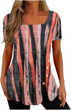 Square Neck Tops for Womens Dressy Tunic Tshirts Retro Floral Graphic Tees Summer Fashion Ladies Short Sleeve Blouse