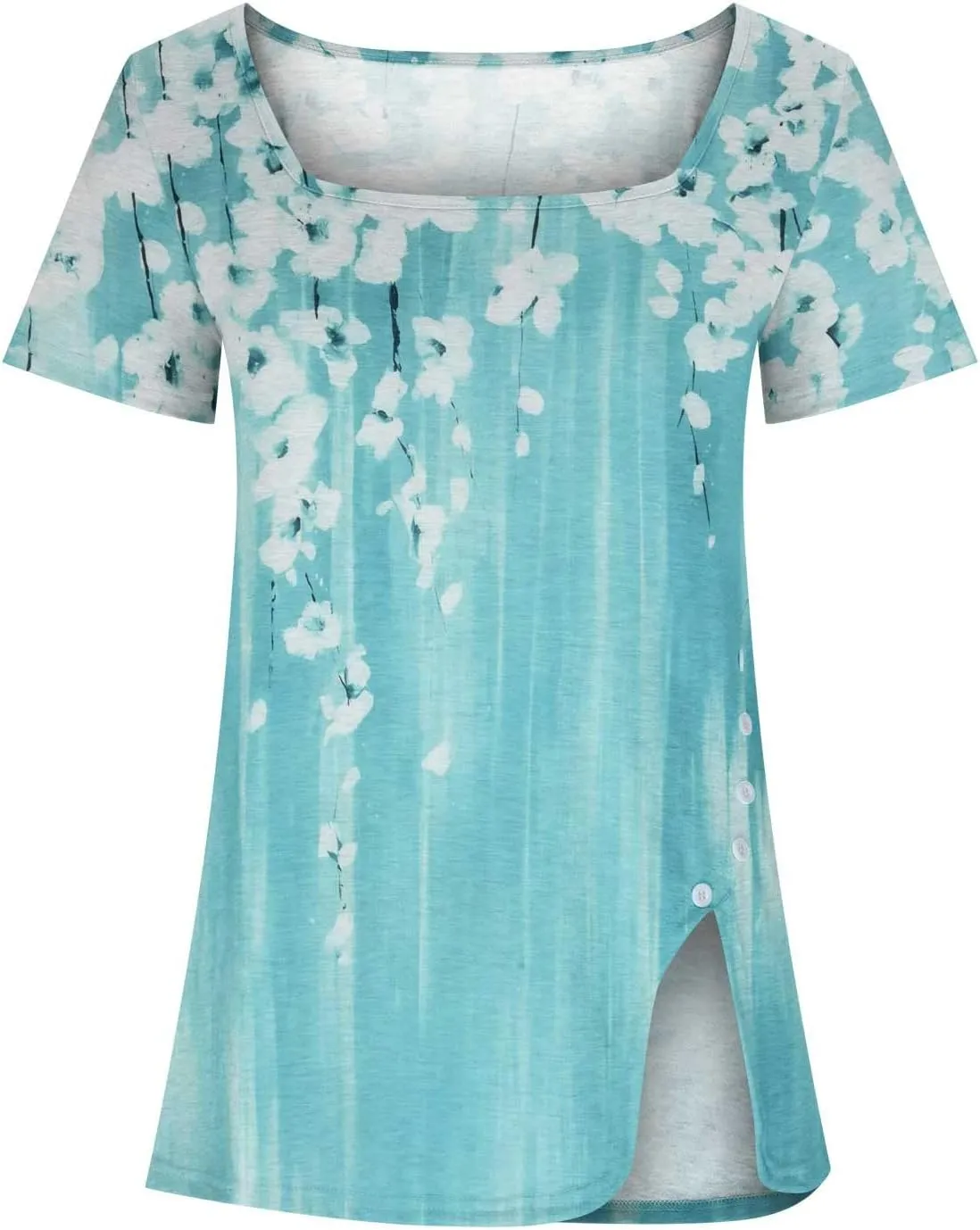 Square Neck Tops for Womens Dressy Tunic Tshirts Retro Floral Graphic Tees Summer Fashion Ladies Short Sleeve Blouse