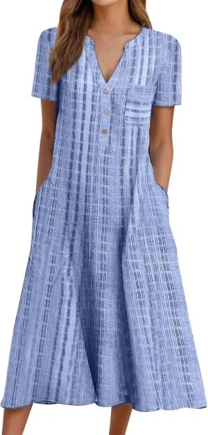 Summer Dresses for Women 2025, Casual Floral Midi Dress Button V Neck Short Sleeve Dresses A-line Boho Beach Sundress
