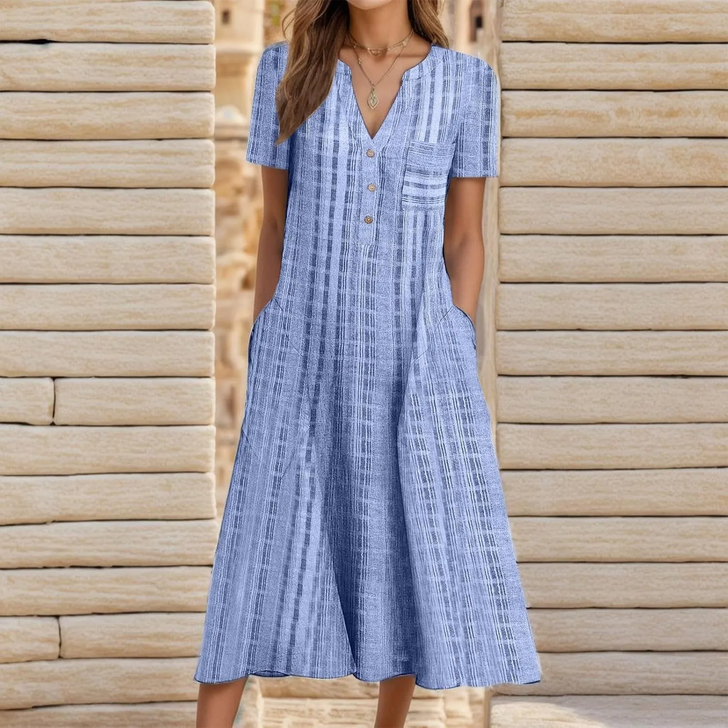 Summer Dresses for Women 2025, Casual Floral Midi Dress Button V Neck Short Sleeve Dresses A-line Boho Beach Sundress