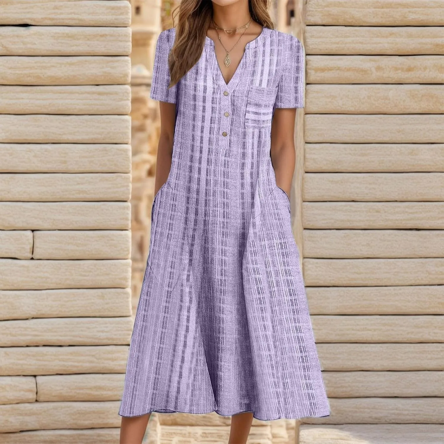 Summer Dresses for Women 2025, Casual Floral Midi Dress Button V Neck Short Sleeve Dresses A-line Boho Beach Sundress