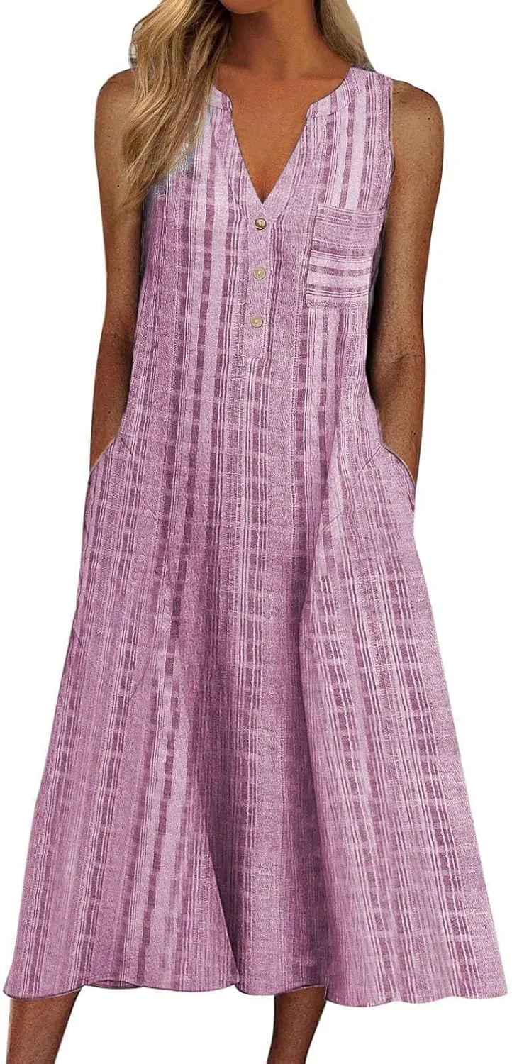 Summer Dresses for Women 2025, Casual Floral Midi Dress Button V Neck Short Sleeve Dresses A-line Boho Beach Sundress