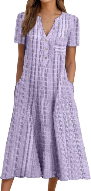 Summer Dresses for Women 2025, Casual Floral Midi Dress Button V Neck Short Sleeve Dresses A-line Boho Beach Sundress