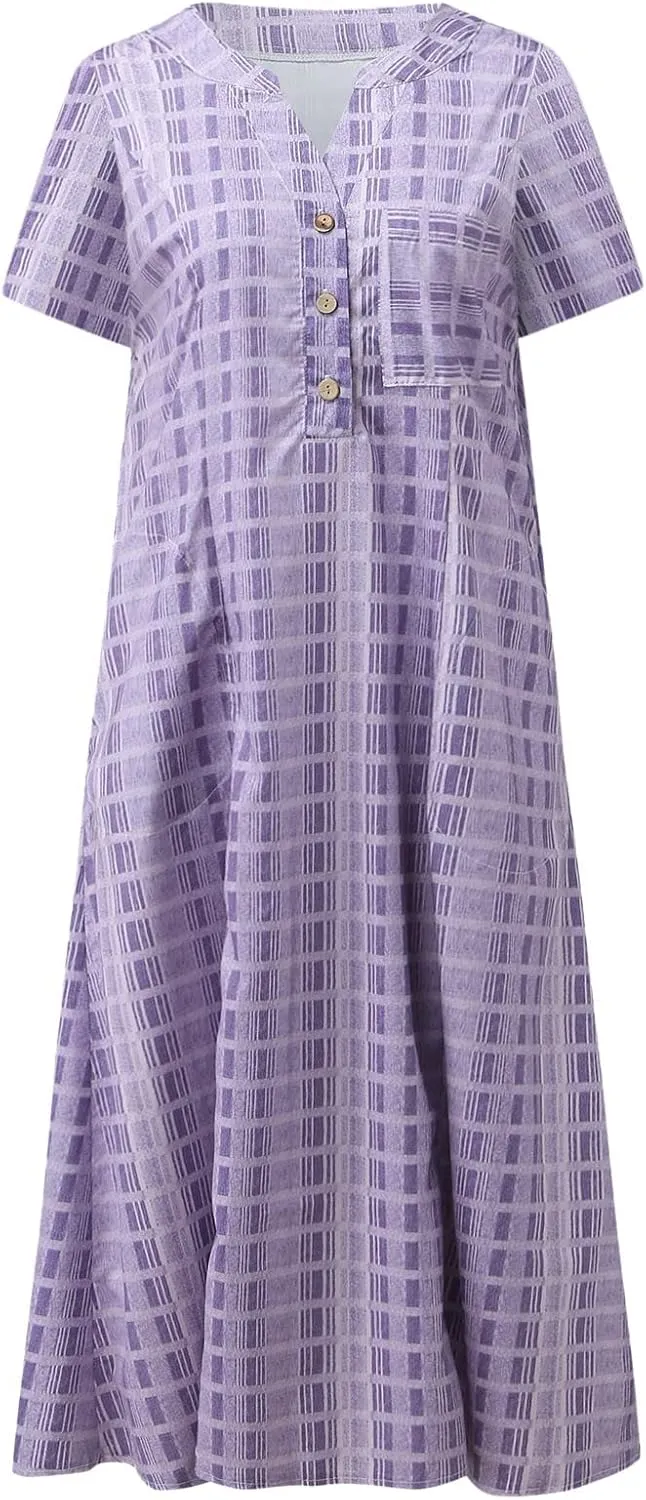 Summer Dresses for Women 2025, Casual Floral Midi Dress Button V Neck Short Sleeve Dresses A-line Boho Beach Sundress
