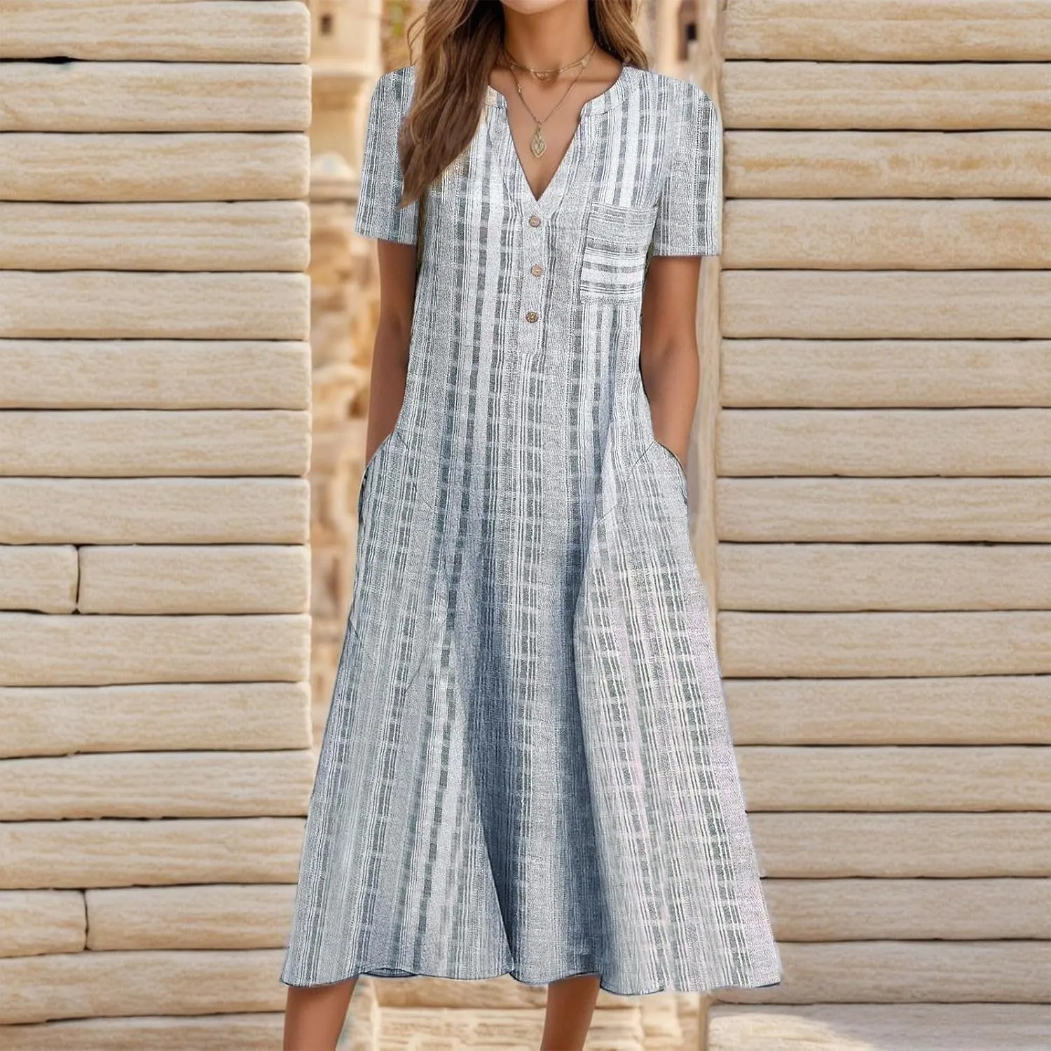 Summer Dresses for Women 2025, Casual Floral Midi Dress Button V Neck Short Sleeve Dresses A-line Boho Beach Sundress