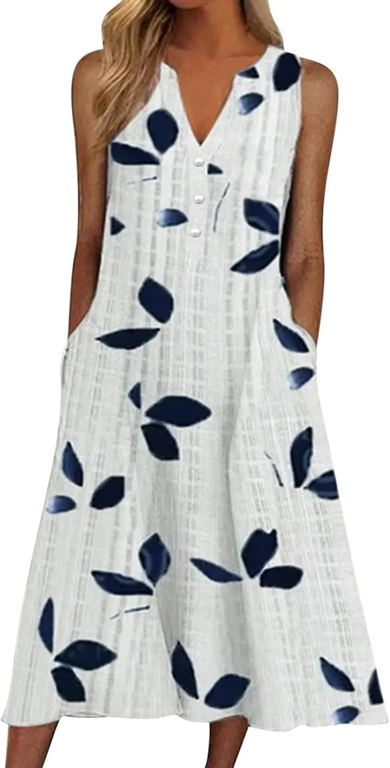 Summer Dresses for Women 2025, Casual Floral Midi Dress Button V Neck Short Sleeve Dresses A-line Boho Beach Sundress