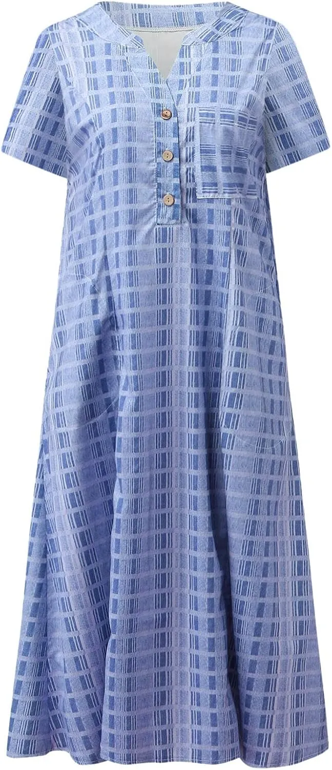 Summer Dresses for Women 2025, Casual Floral Midi Dress Button V Neck Short Sleeve Dresses A-line Boho Beach Sundress