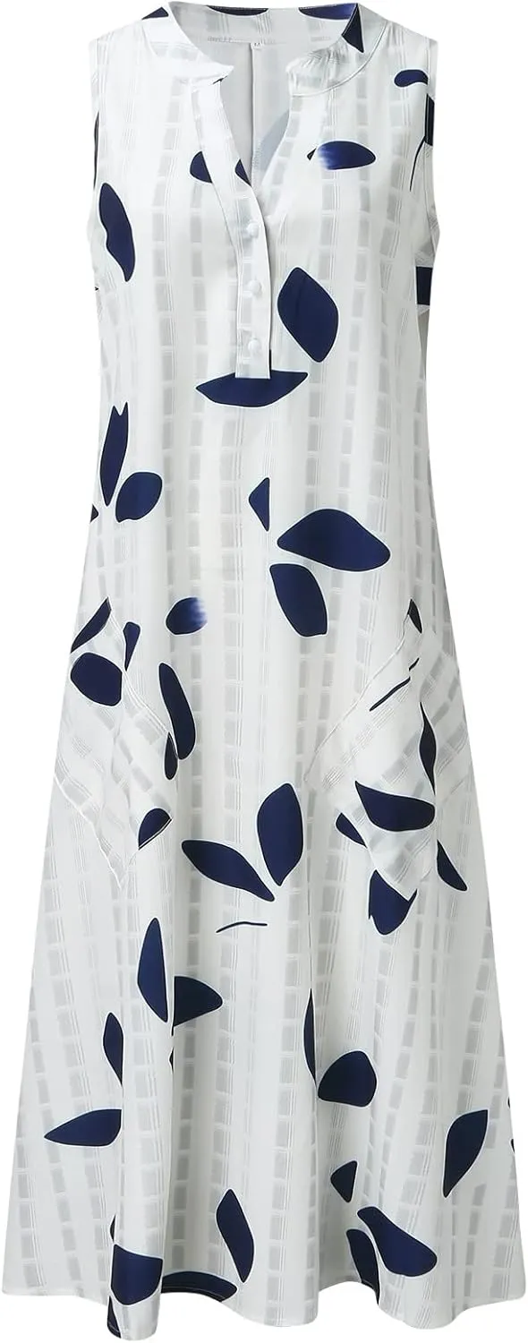 Summer Dresses for Women 2025, Casual Floral Midi Dress Button V Neck Short Sleeve Dresses A-line Boho Beach Sundress