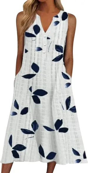 Summer Dresses for Women 2025, Casual Floral Midi Dress Button V Neck Short Sleeve Dresses A-line Boho Beach Sundress