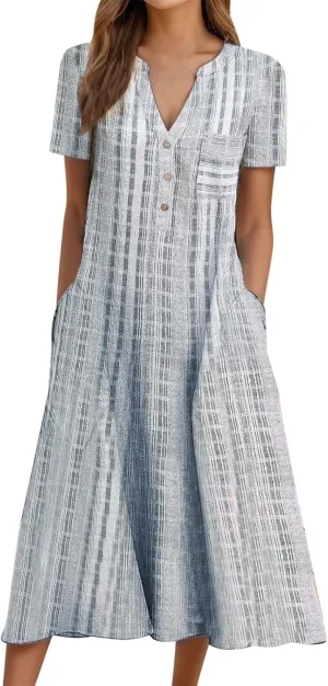 Summer Dresses for Women 2025, Casual Floral Midi Dress Button V Neck Short Sleeve Dresses A-line Boho Beach Sundress