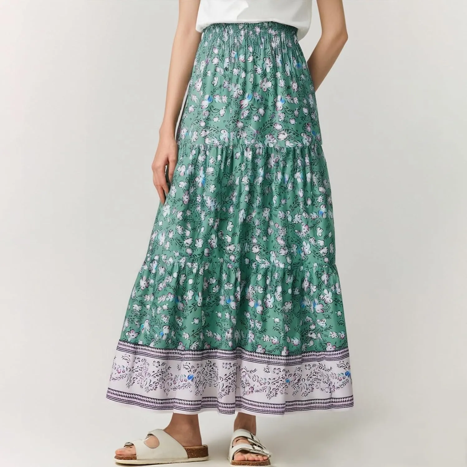 Summer Maxi Skirt for Women Layered Tiered Elastic High Waisted Skirt Smocked A Line Skirts Cute Skirts Long