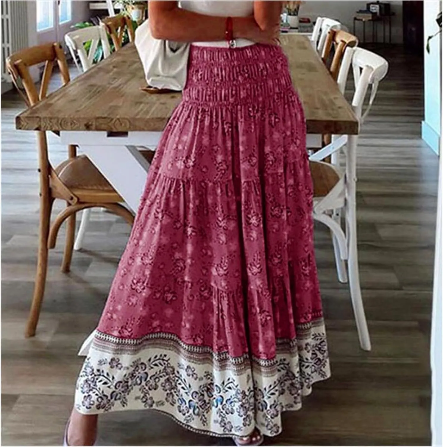 Summer Maxi Skirt for Women Layered Tiered Elastic High Waisted Skirt Smocked A Line Skirts Cute Skirts Long