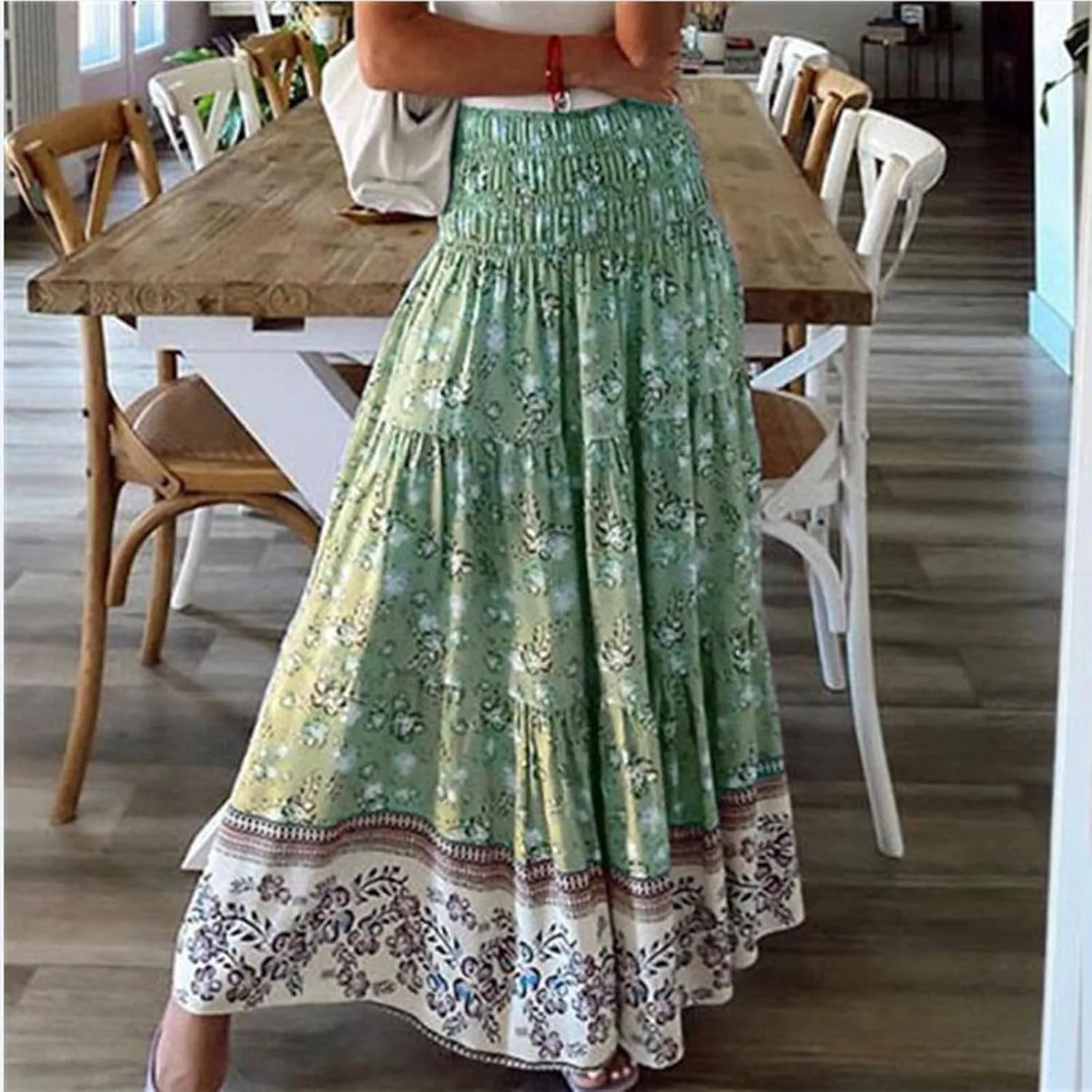 Summer Maxi Skirt for Women Layered Tiered Elastic High Waisted Skirt Smocked A Line Skirts Cute Skirts Long