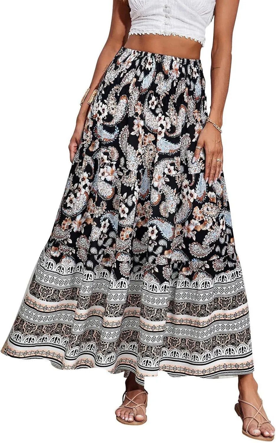 Summer Maxi Skirt for Women Layered Tiered Elastic High Waisted Skirt Smocked A Line Skirts Cute Skirts Long