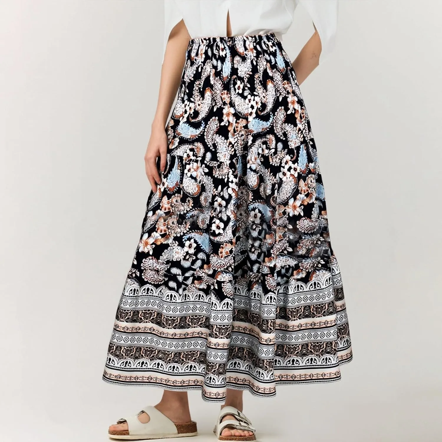 Summer Maxi Skirt for Women Layered Tiered Elastic High Waisted Skirt Smocked A Line Skirts Cute Skirts Long