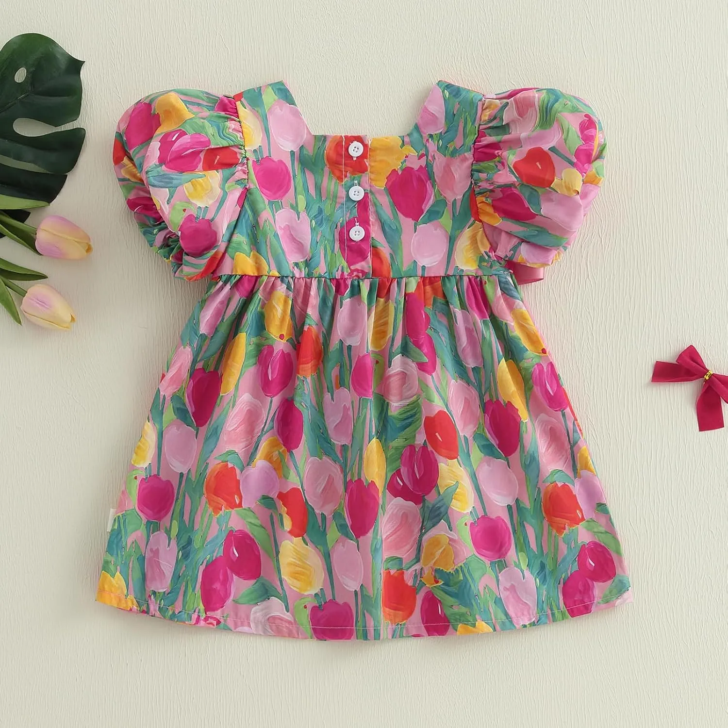 Summer Outfit Toddler Baby Girl Dress Tulip Bow Puff Short Sleeve Dresses Tunic Dress Summer Sundress Girls Casual Dress