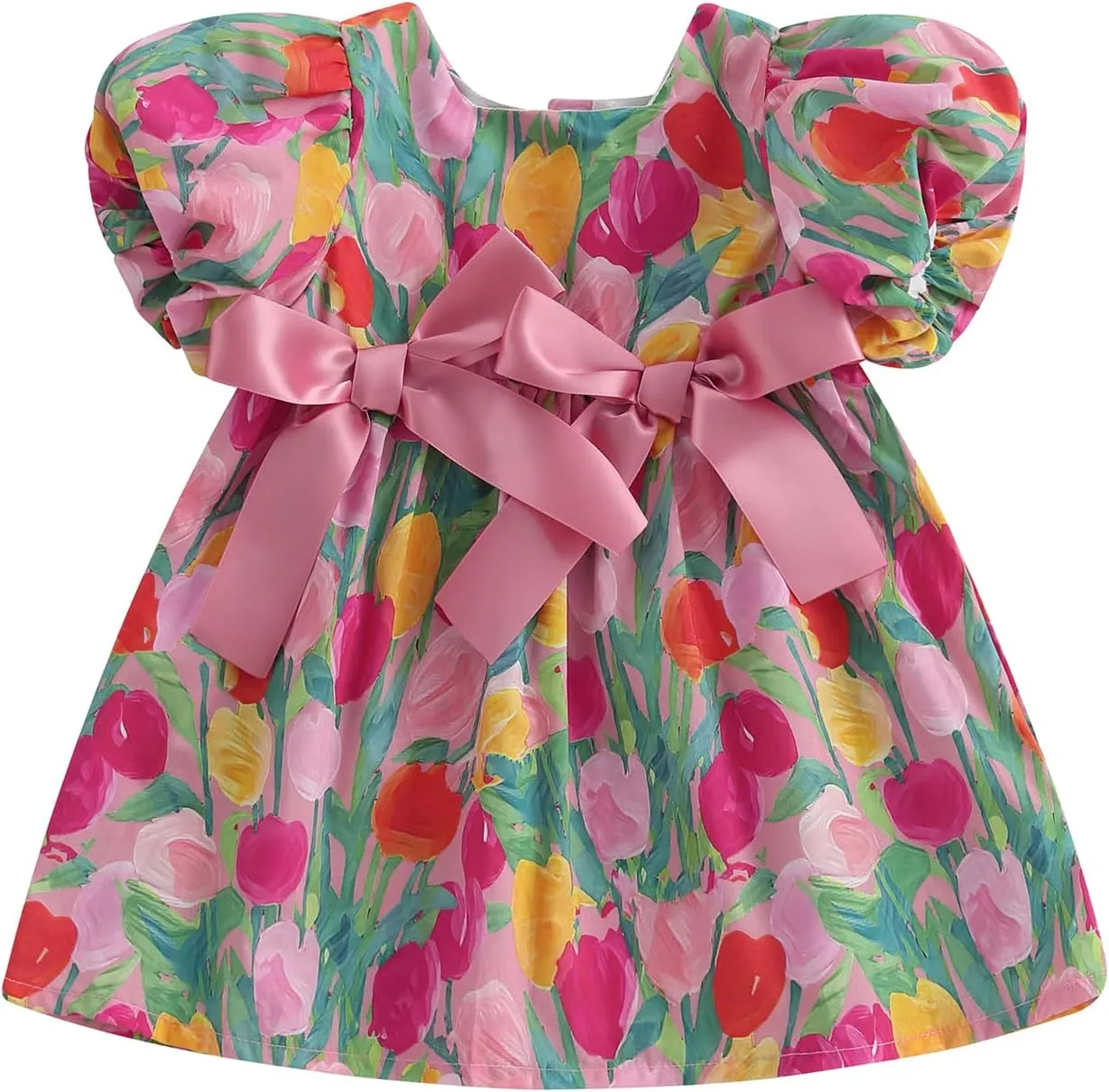 Summer Outfit Toddler Baby Girl Dress Tulip Bow Puff Short Sleeve Dresses Tunic Dress Summer Sundress Girls Casual Dress