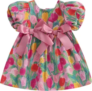 Summer Outfit Toddler Baby Girl Dress Tulip Bow Puff Short Sleeve Dresses Tunic Dress Summer Sundress Girls Casual Dress