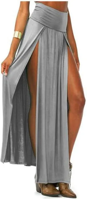 Summer Split Skirt For Women Elastic Waist Double High Split Wrap Flowy Long Skirt Solid Color Elegant Boho Dresses