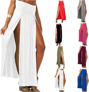 Summer Split Skirt For Women Elastic Waist Double High Split Wrap Flowy Long Skirt Solid Color Elegant Boho Dresses