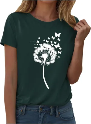 Summer Tops for Women 2025 Crewneck Short Sleeve T Shirts Dressy Casual Top Fashion Loose Cute Printed Blouse