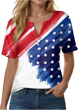 Summer Tops for Women 2025 Henley V Neck Short Sleeve Shirt Button Down Shirt Comfy Blouse Dressy Floral Printed