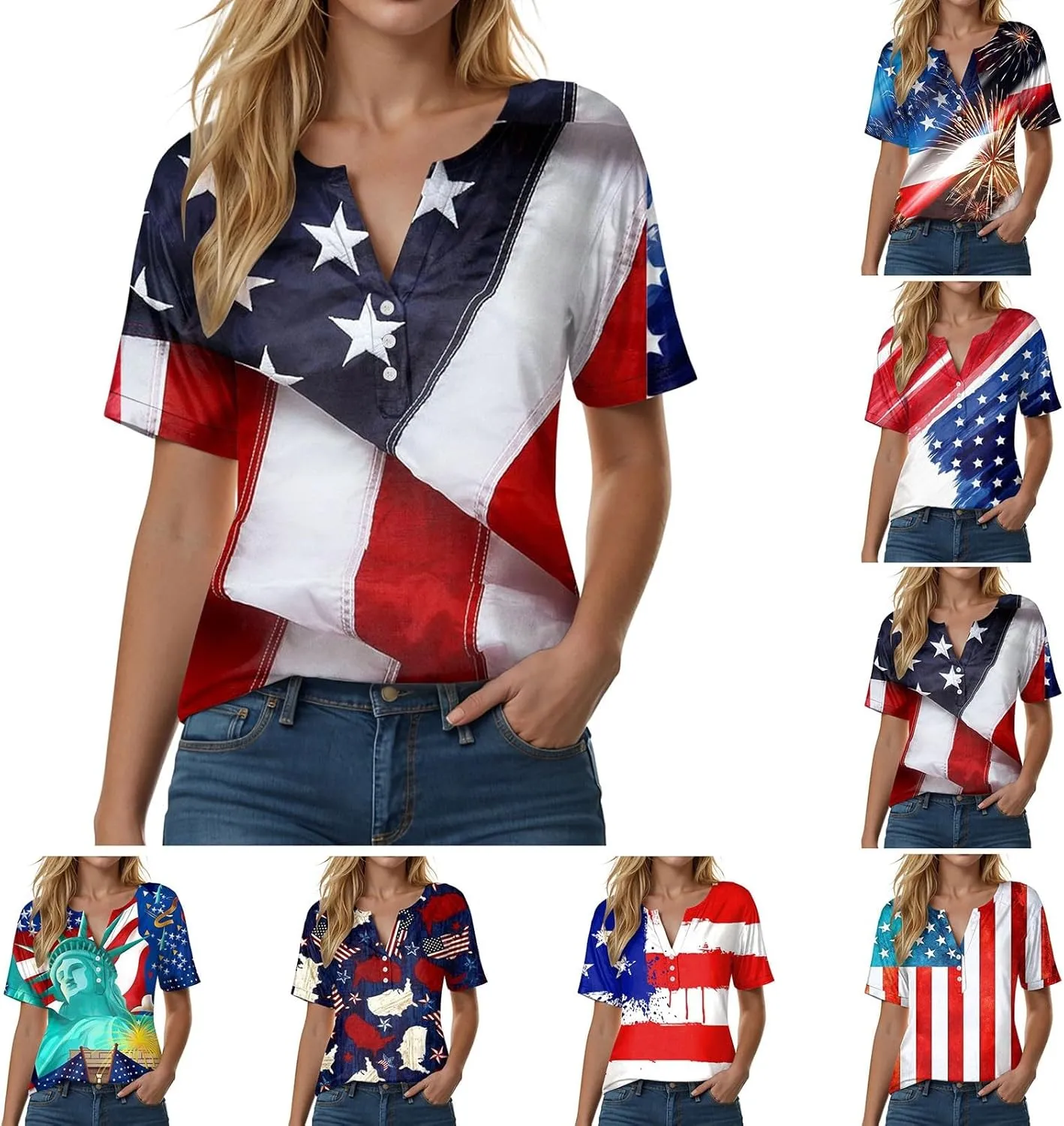Summer Tops for Women 2025 Henley V Neck Short Sleeve Shirt Button Down Shirt Comfy Blouse Dressy Floral Printed